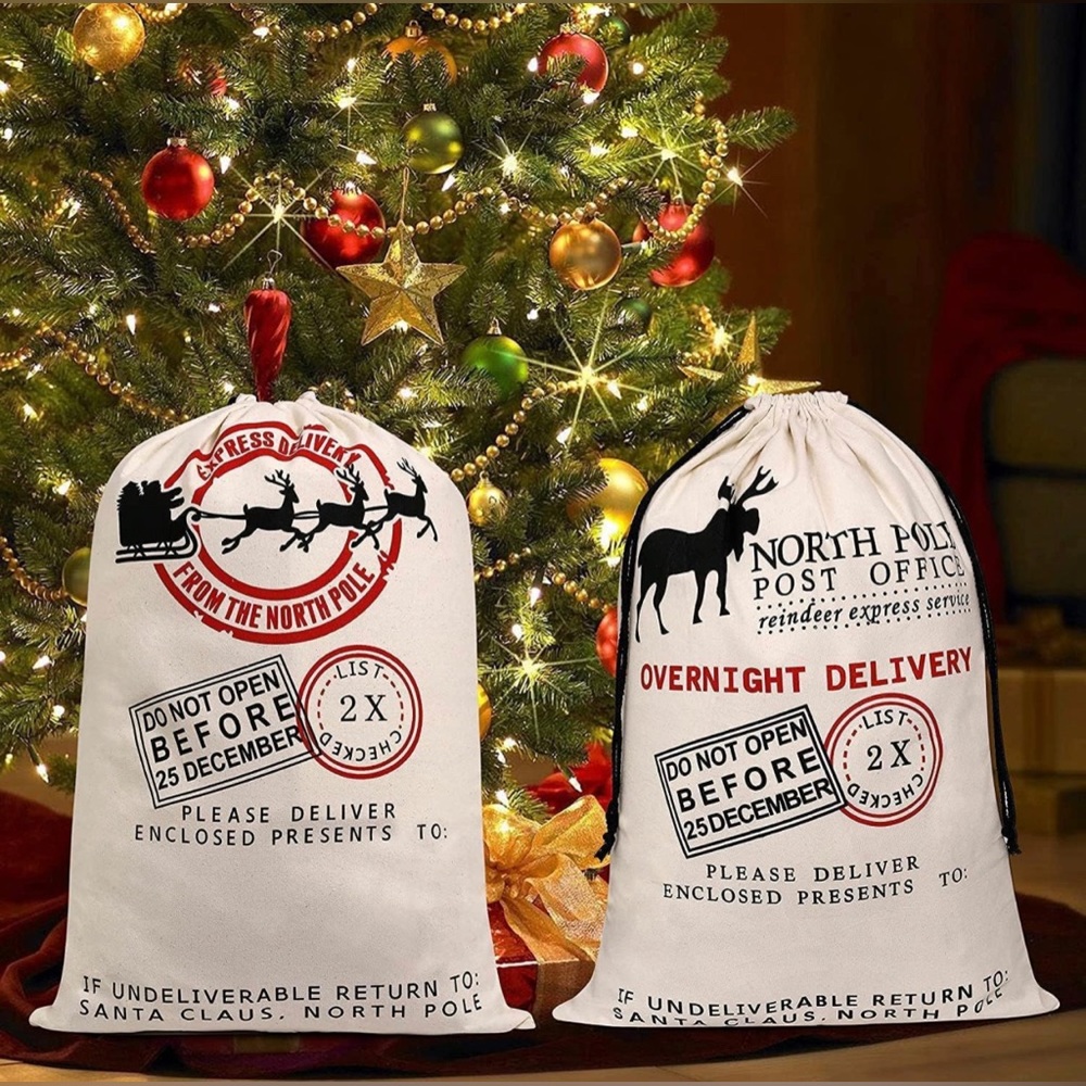 New 2Pcs Large Santa Burlap Sack Christmas Gift Bags with Drawstring 27"x19”